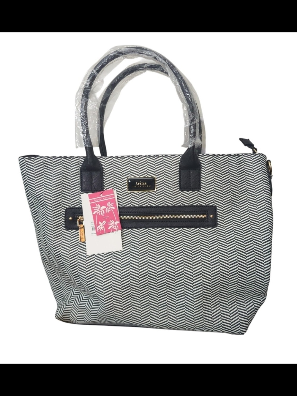 NWT Trina Turk Black White Chevron Tote Bag Vegan Leather Shoulder Satchel Strap